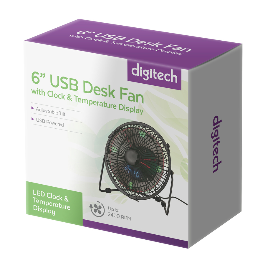 6in USB Desk Fan with Clock & Temperature