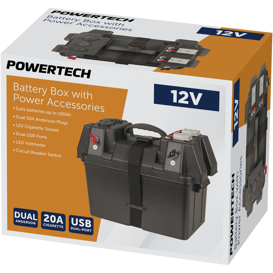 Battery Box with Voltmeter and Dual USB Charger and Dual High Current Plugs