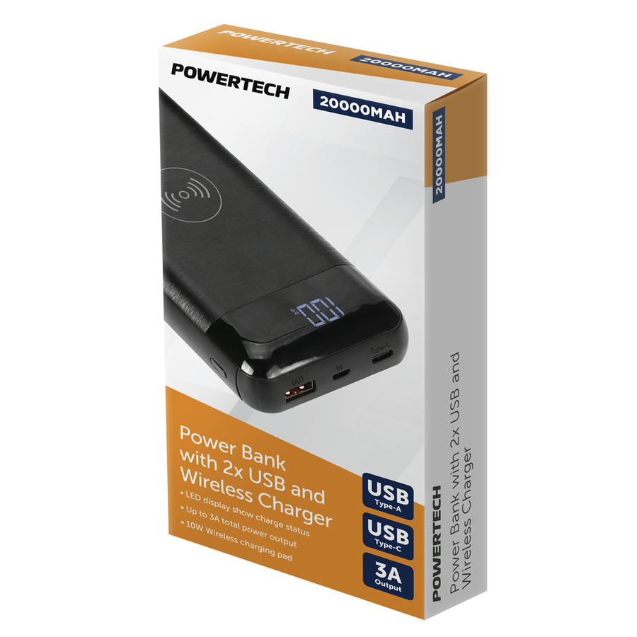 20,000mAh Power Bank with 2 x USB and Wireless Charger - Black