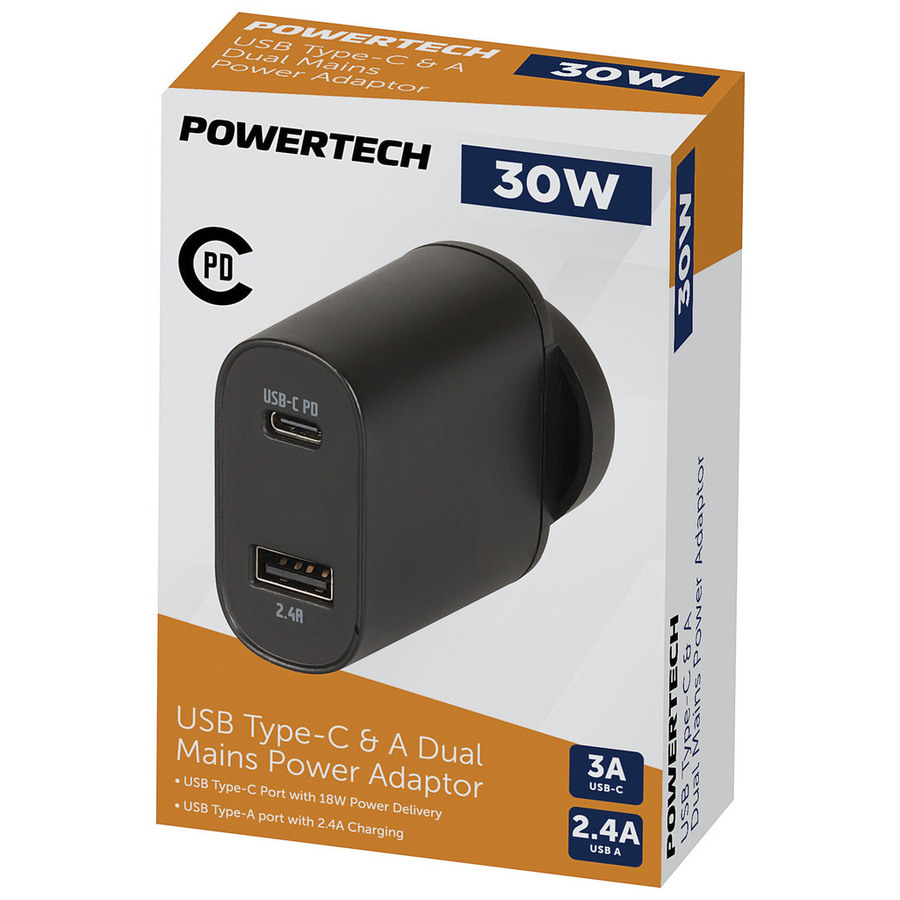 30W USB Type-C & A Dual Mains Power Adaptor