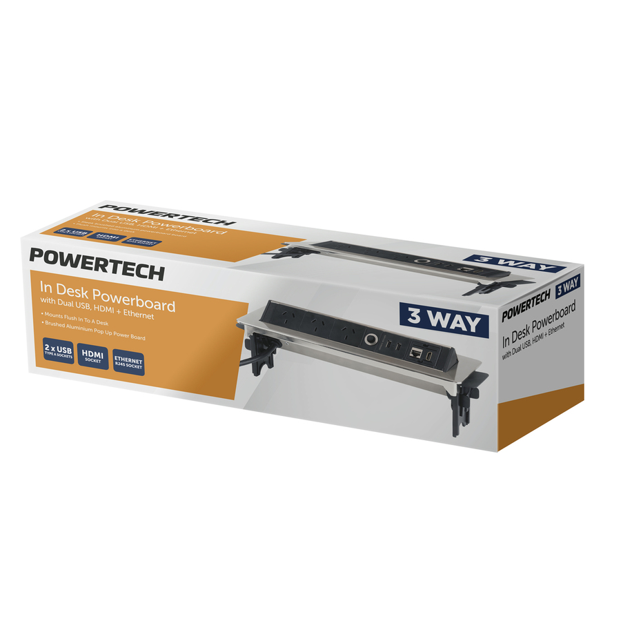 3-Way In Desk Powerboard with 2 x USB, HDMI + Ethernet