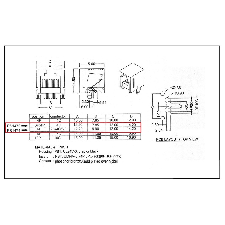 PCB Modular Sockets 44 - RJ11