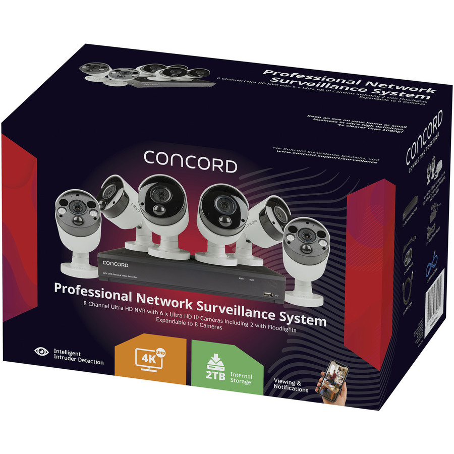 Concord 8 Channel 4K NVR Package - 4x4K PIR IP Cameras and 2x4K PIR IP Floodlight Cameras with 2 way