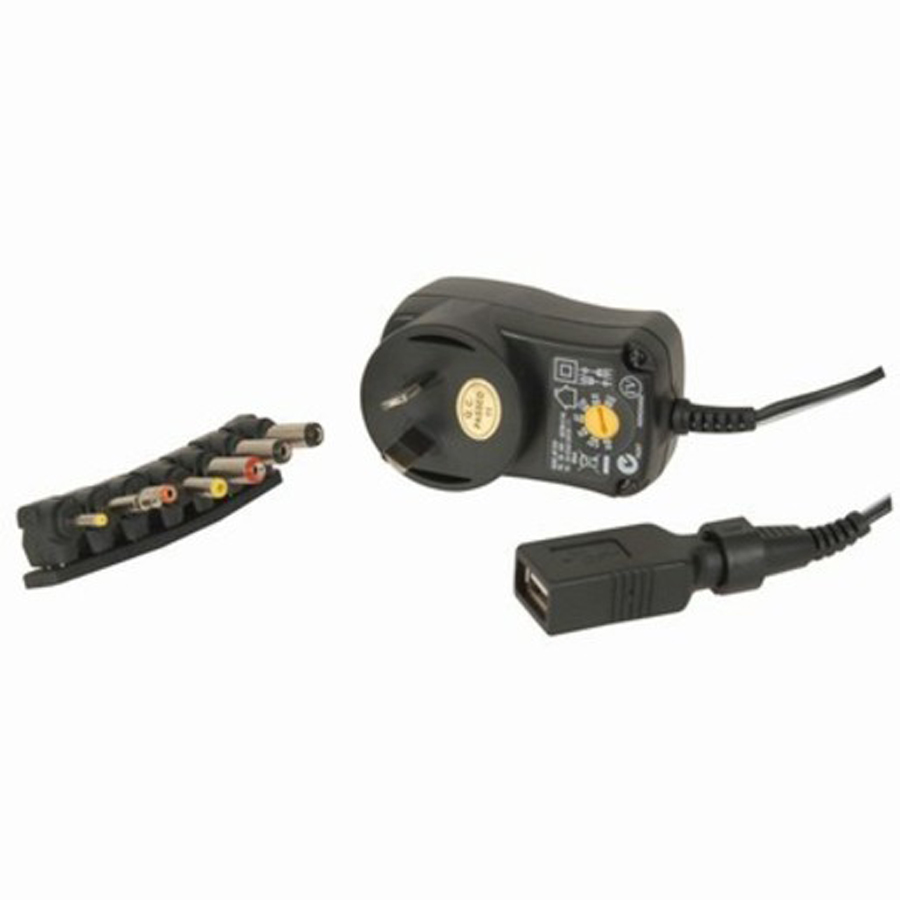 3-12V DC 12W Power Supply 7DC Plugs and USB Outlet 