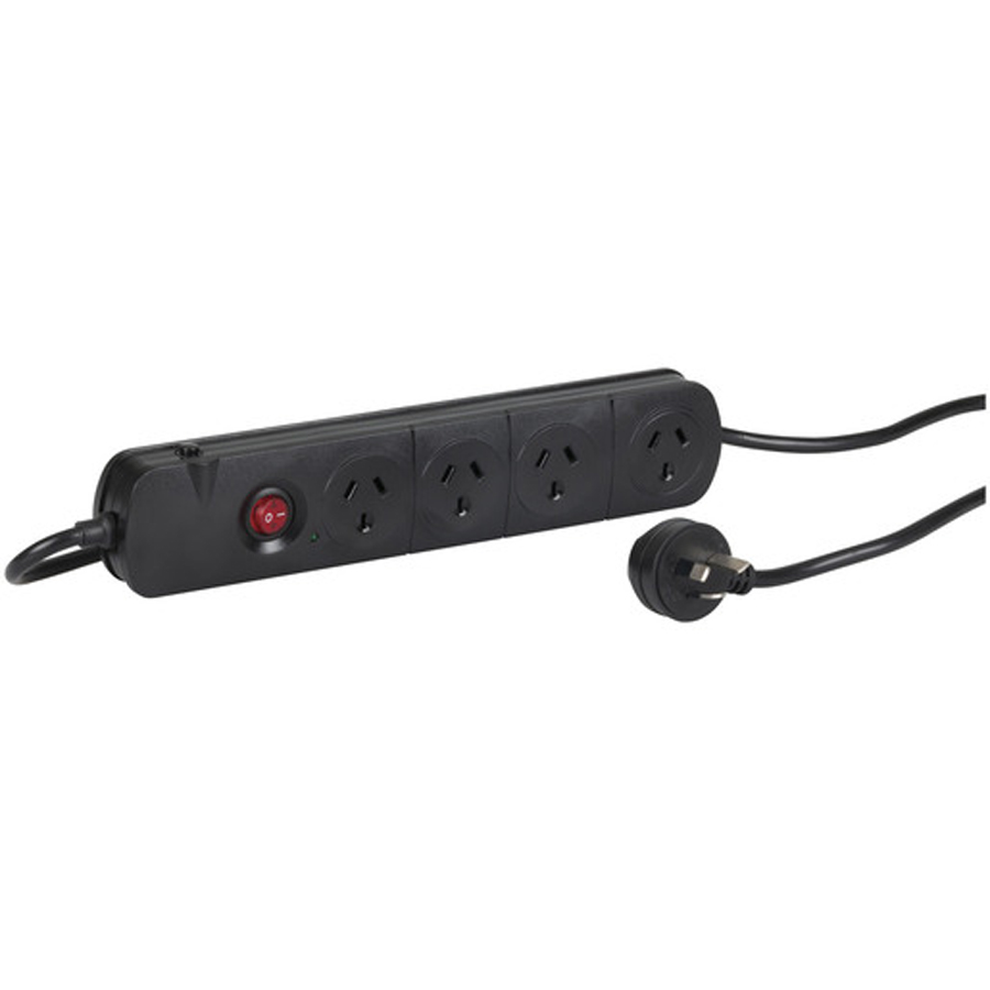 4 Way Black Powerboard with Filter Surge and Overload Protection 