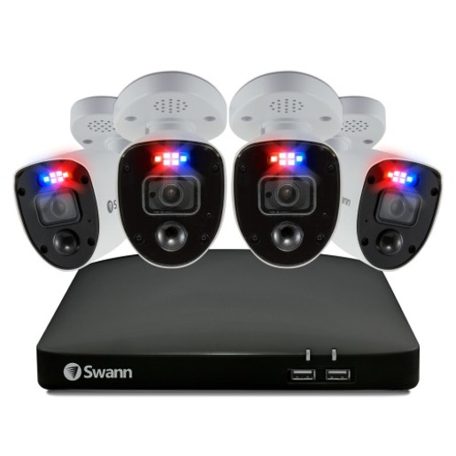 Swann 8CH 4K DVR Kit with 4 x 4K PIR Bullet Cameras with RedBlu Flashing Lights SWDVK-856804RL 