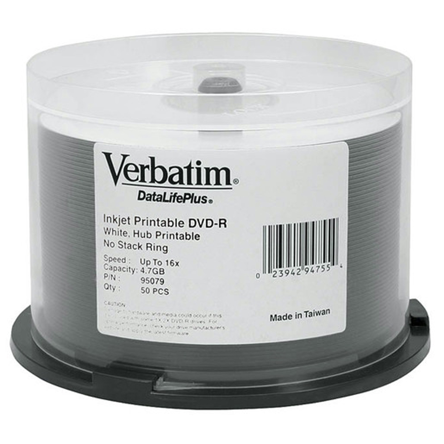 Verbatim DataLifePlus (Azo) DVD-R 4.7 GB White Inkjet Printable Spindle 50 Pack 16x 